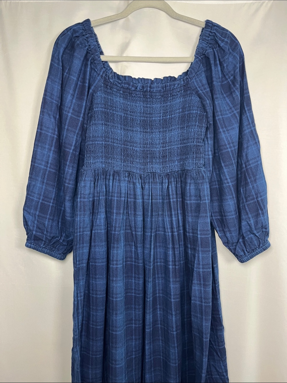 J crew 100% cotton indigo tartan plaid puff sleeve smocked midi dress sz m - Picture 4 of 9